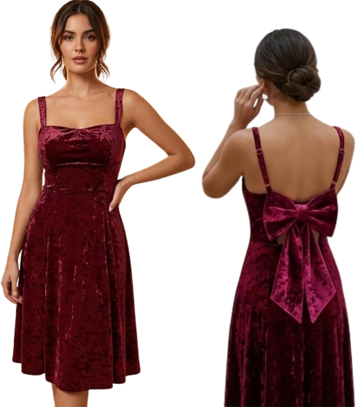 Elegant Classy Crushed Velvet Sleeveless Dress with Bow tie and Adustable Straps Short Formal Dress