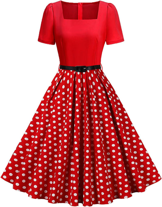 1950s Dresses for Women Vintage Rockabilly Retro 50s Floral Polka Dot Dress Audrey Hepburn Tea Party Cocktail Dress Belted