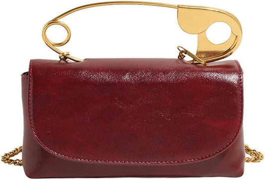 Women's Safety Pin Leather Crossbody Clutch with Gold Handles & Chain