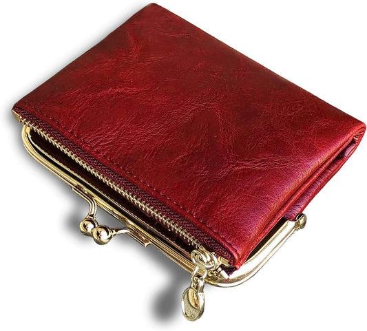 Womens Small RFID Compact Bifold Wallet — Vintage Kiss-Lock Coin Purse