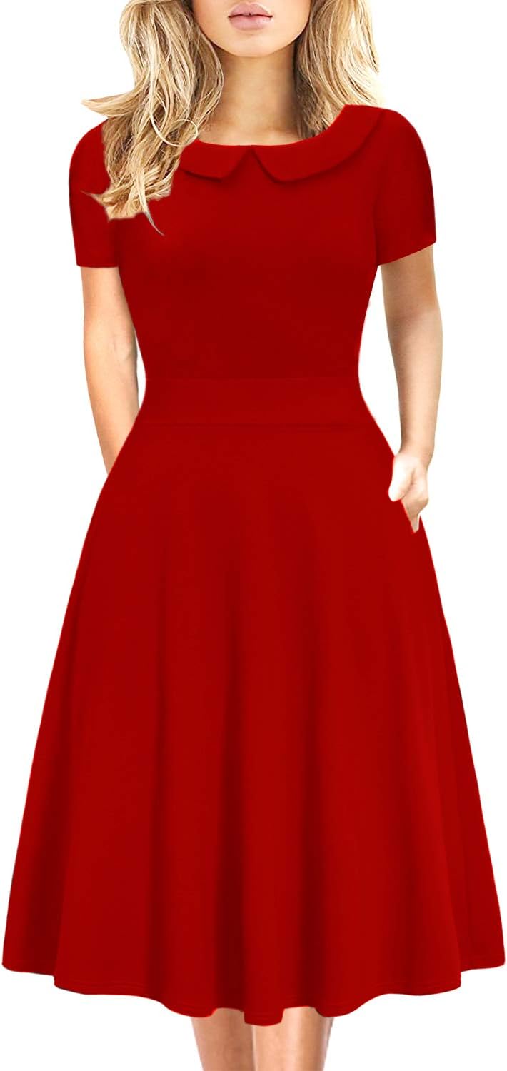 Women's Elegant Vintage Dresses Knee Length Casual Floral Print Work Party Peter Pan Collar A-Line Dress with Pockets 978