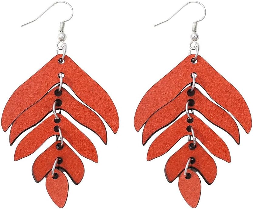 Wooden Palm Leaf Drop Dangle Earrings