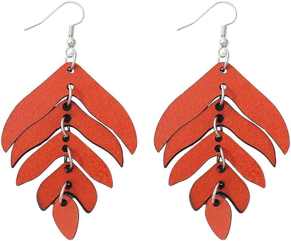 Wooden Palm Leaf Drop Dangle Earrings