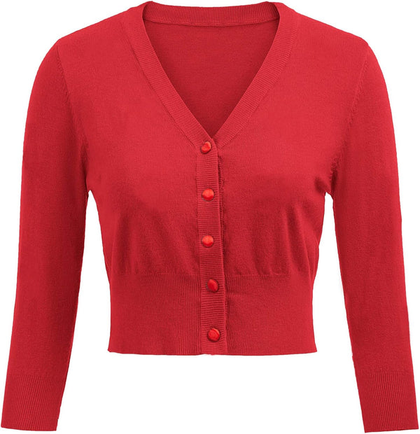 Women's 3/4 Sleeve Cropped Cardigan Shrug — Button-Down Sweater