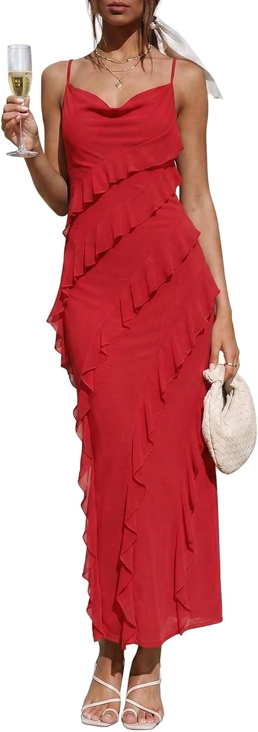 Wedding Guest Dress for Women Ruffle Spaghetti Strap Formal Dresses
