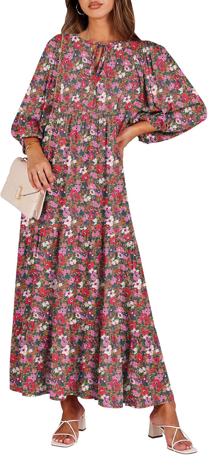 ANRABESS Womens Boho Floral 3/4 Puff Sleeve Maxi Dress