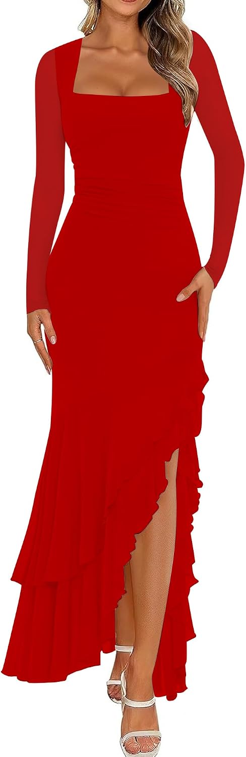 BORIFLORS Women's Bodycon Fall Wedding Guest Long Sleeve Maxi Dress