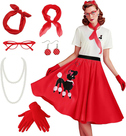 1950s Poodle Skirt Costume 8Pcs Vintage Sock Hop Outfit with T-Shirt, Scarf for Halloween, Retro Parties, Cosplay