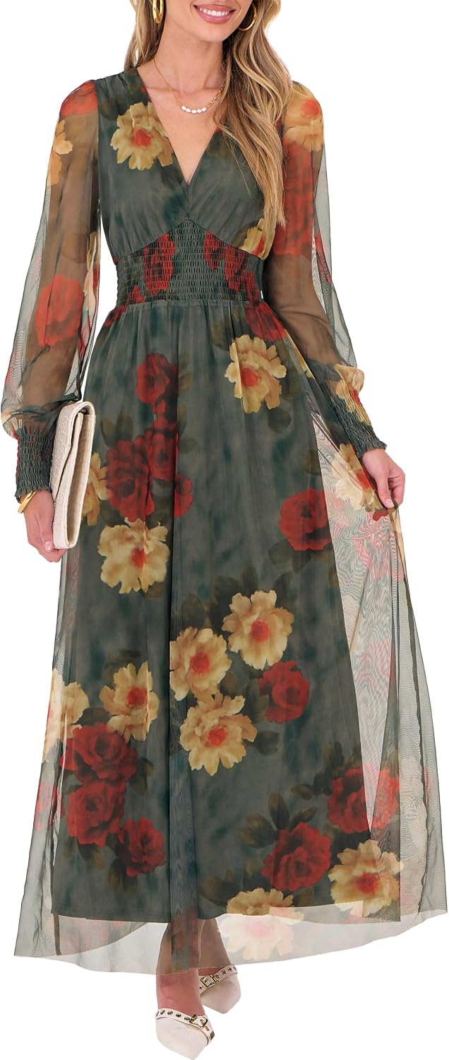 ANRABESS Women's Fall Wedding Guest Tulle Floral Long Sleeve Maxi Dress