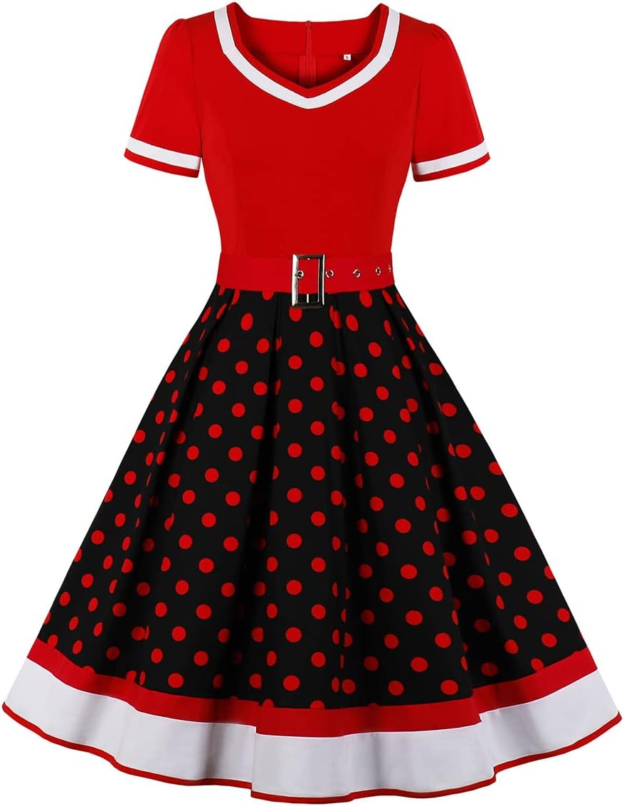 Women Vintage 1950s Dress 50s Polka Dot Rockabilly A-Line Swing Tea Party Prom Retro Cocktail Party Swing Dresses with Belt
