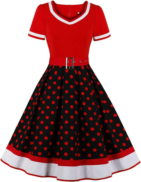 Women Vintage 1950s Dress 50s Polka Dot Rockabilly A-Line Swing Tea Party Prom Retro Cocktail Party Swing Dresses with Belt