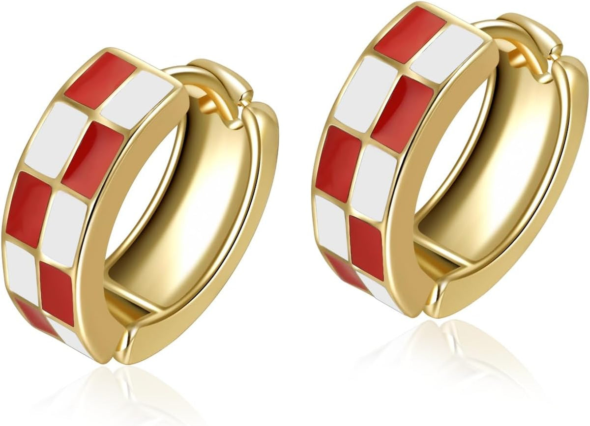 Checker Cartilage Hoops Teacher Earrings for Women White Black Enamel Gold