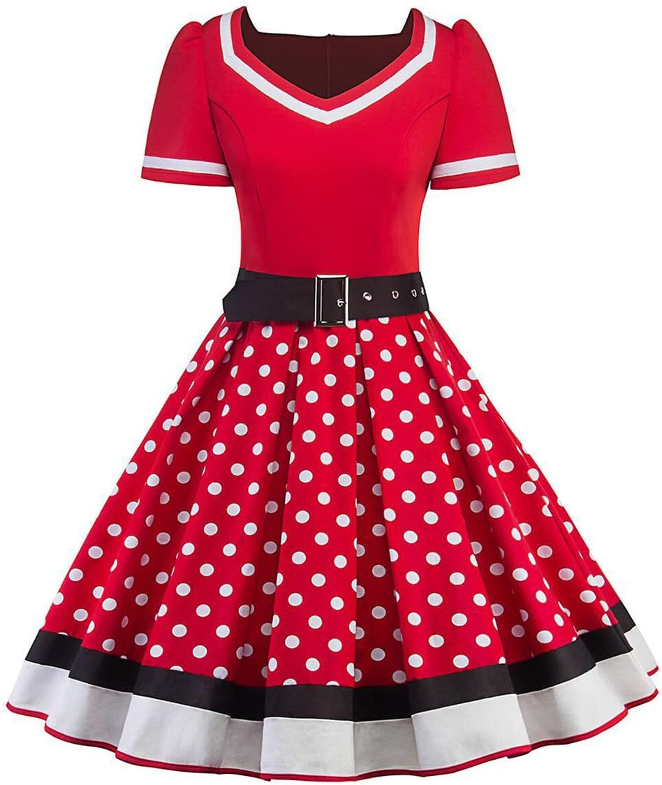 Women Vintage 1950s Dress 50s Polka Dot Rockabilly A-Line Swing Tea Party Prom Retro Cocktail Party Swing Dresses with Belt