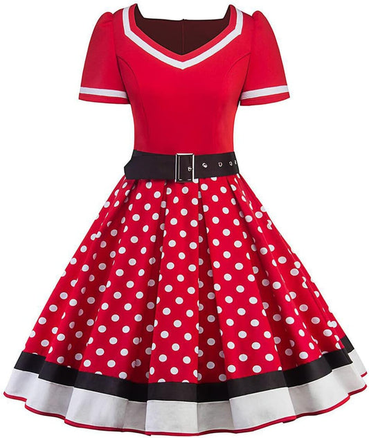Women Vintage 1950s Dress 50s Polka Dot Rockabilly A-Line Swing Tea Party Prom Retro Cocktail Party Swing Dresses with Belt