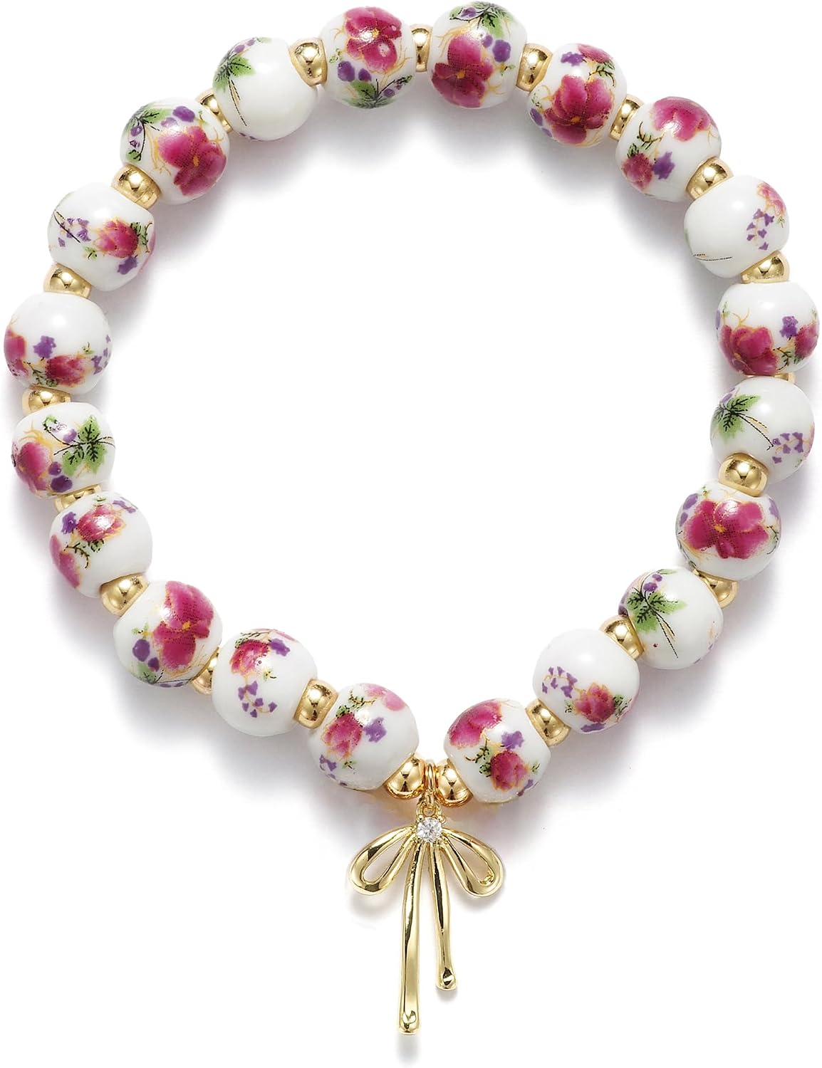 Beaded Bracelets for Women,Bow Charm Blue Flower Gold Plated Jewelry Women