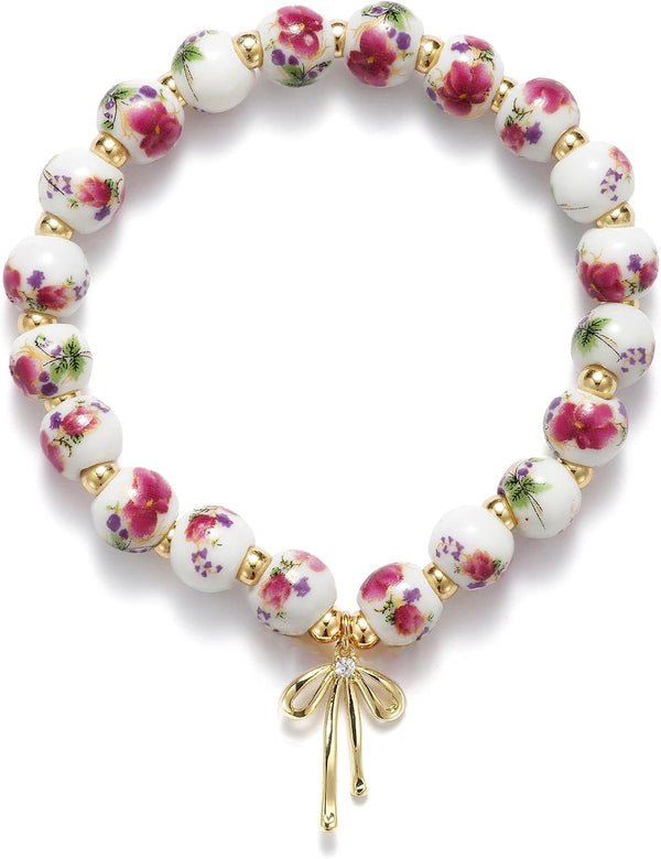 Beaded Bracelets for Women,Bow Charm Blue Flower Gold Plated Jewelry Women