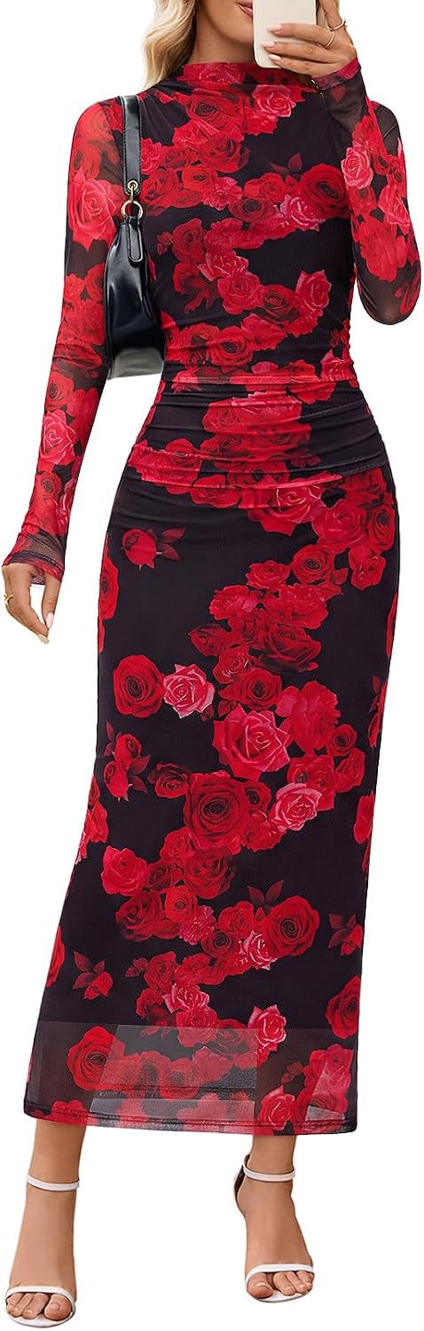 MEROKEETY Womens Fall Long Sleeve Floral Wedding Guest Maxi Dress