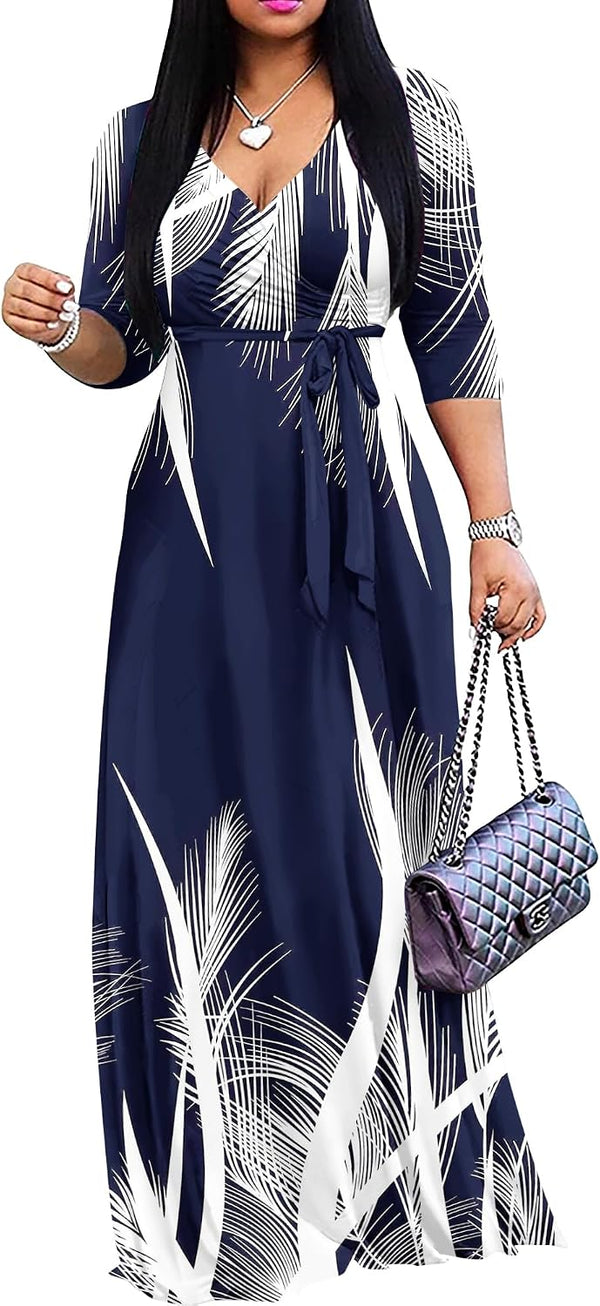 FANDEE Plus Size Maxi Dress for Women Casual Summer Sundress V-Neck 3/4 Sleeve