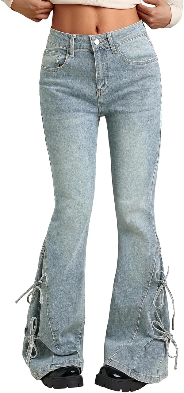 Women Bell Bottom Jeans Stretchy Flare Mid Rise Embroidery Vintage