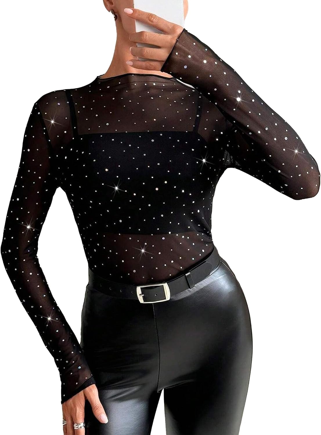 Mesh Top for Women Long Sleeve See Through Mesh Shirt Sheer Blouse Clubwear
