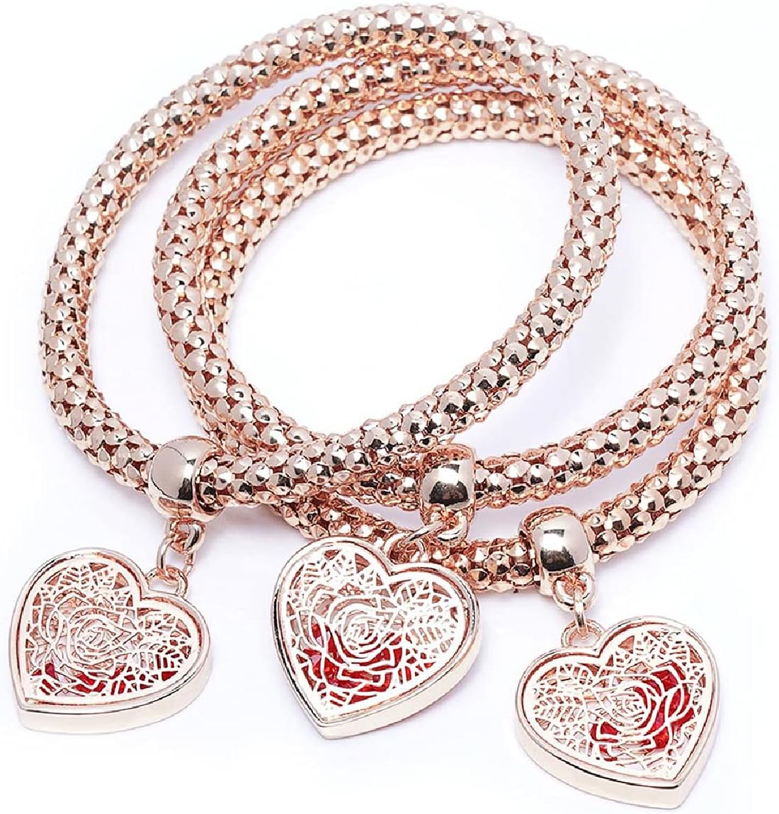 SILANER Crystal Charms Multilayer Bracelets - 3PCS Gold/Silver/Rose Gold Corn Chain Bracelet for Women, Tree of Life Heart Shaped Stretch Bracelet