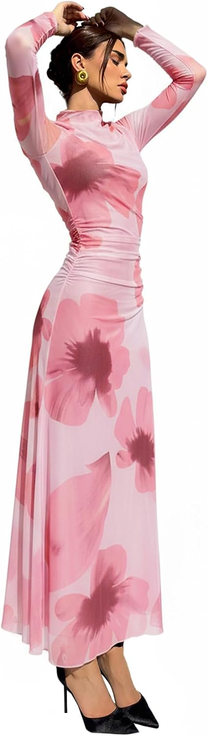 Verdusa Women's Floral Wedding Guest Dress Long Sleeve Mesh Maxi Dresses