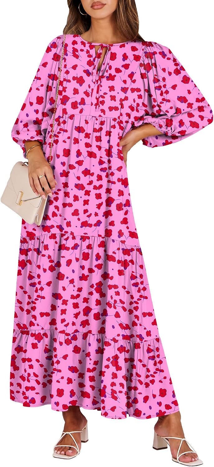 ANRABESS Womens Boho Floral 3/4 Puff Sleeve Maxi Dress