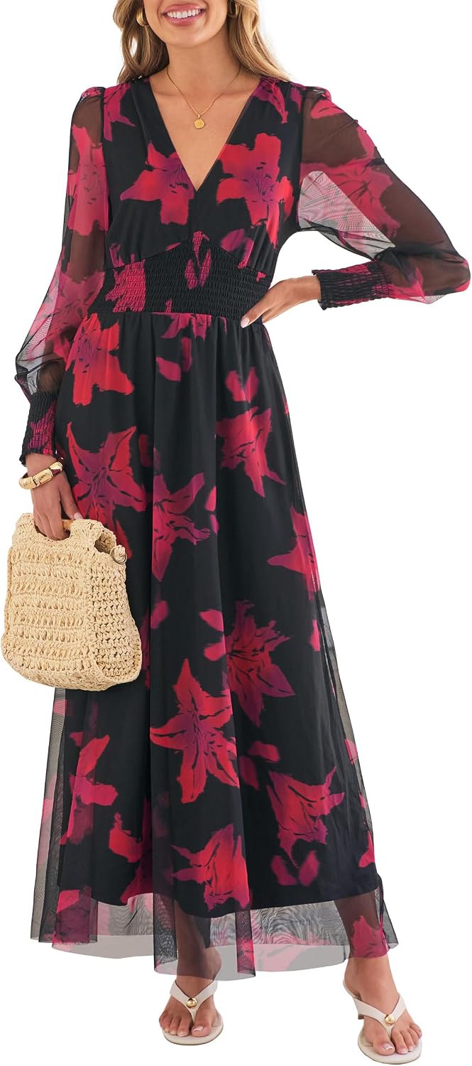 ANRABESS Women's Fall Wedding Guest Tulle Floral Long Sleeve Maxi Dress