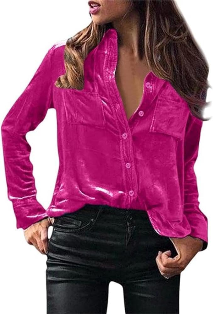 Chvity Velvet Tops for Women Vintage Long Sleeve Button Down Shirts Blouse for Pocket