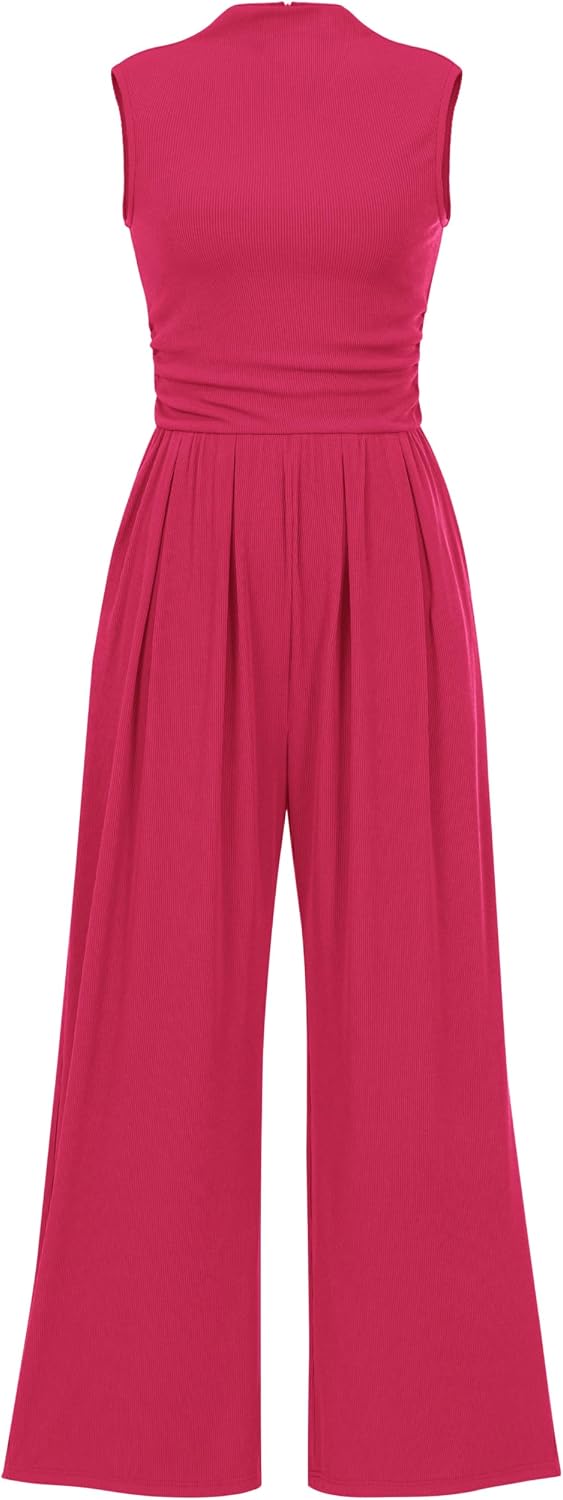 PRETTYGARDEN Women's Summer Dressy Casual Jumpsuits | Cozy Ribbed Fabric, Sleeveless Mock Neck, Back Zipper, Pockets, Wide Leg Pants Rompers, Fashion Clothing, One Piece Outfits