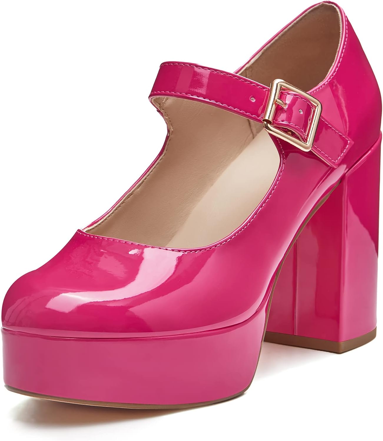 Coutgo Womens' T-Strap Round Toe Chunky Platform Heels Patent Mary Jane Dress Shoes Secondary image