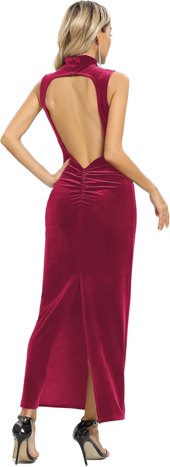 Women Backless Velvet Bodycon Maxi Dress High Neck Ruched Slit Party Dress