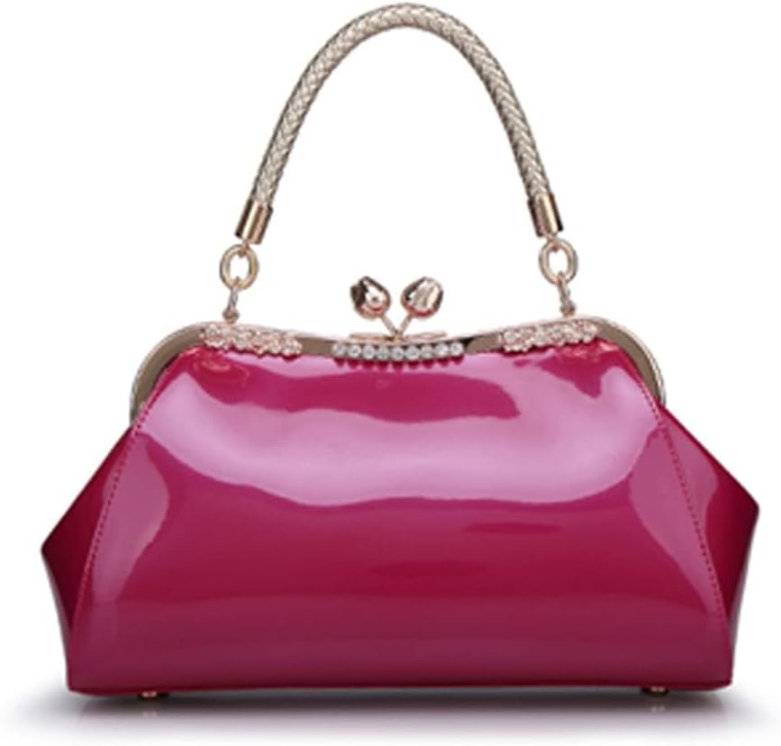 Glossy Patent Leather Evening Bag — Braided Handle Kiss Lock Handbag