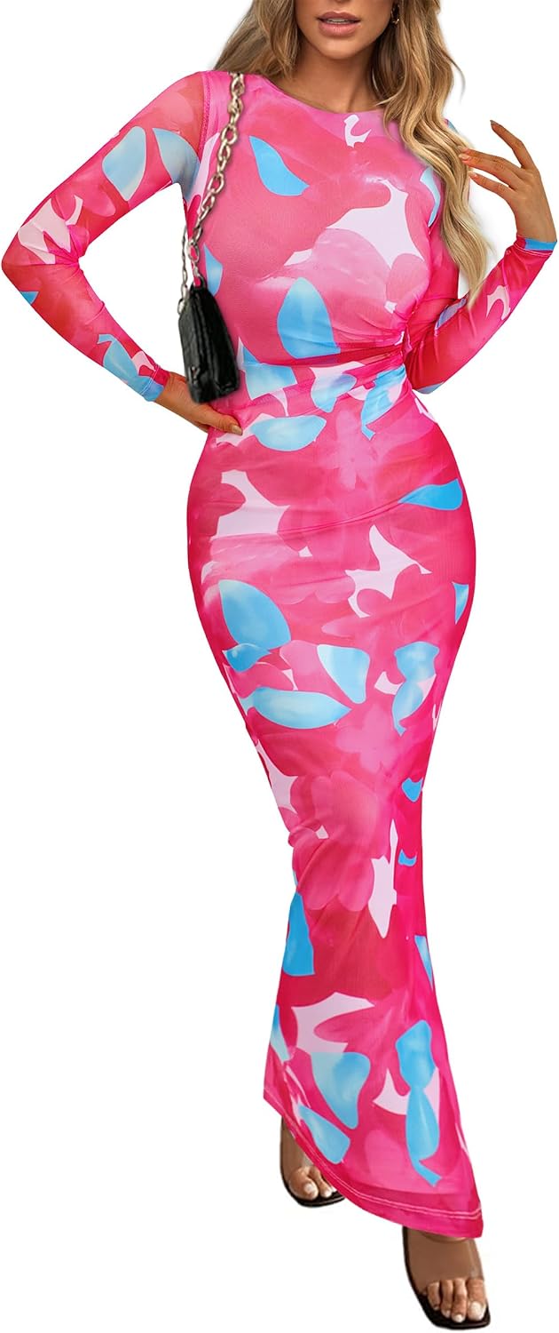PRETTYGARDEN Women's Floral Bodycon Maxi Fall Dress