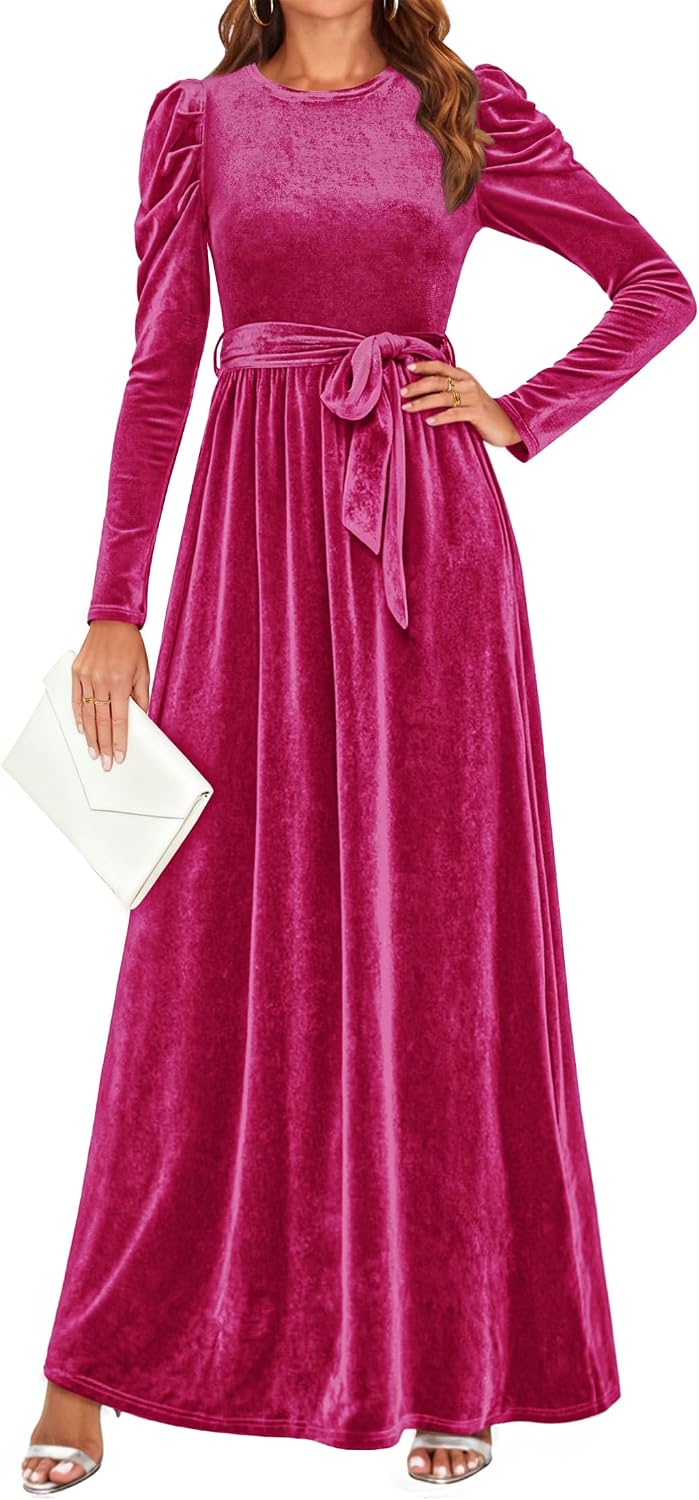 ZESICA Womens Winter Velvet Long Puff Sleeve Maxi Dress