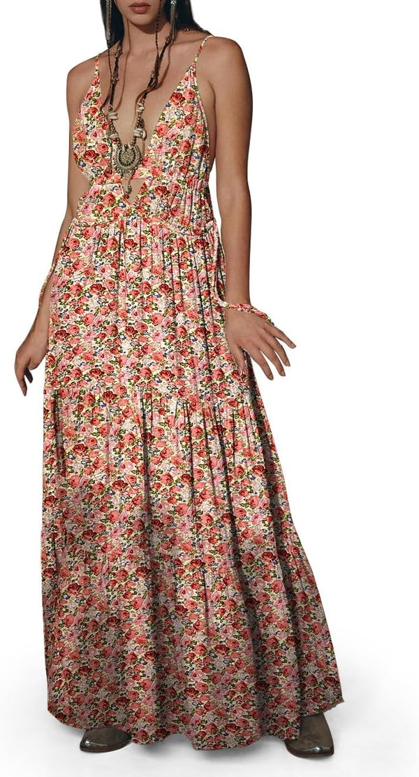 Womens Summer Sun Dresses Mystical Gothic Maxi Dress Casual Floral Witch Dress Date Dress Halloween Outfits