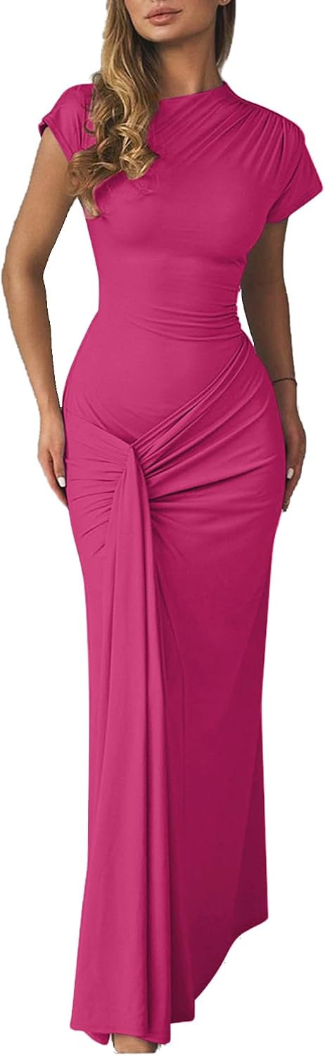 Mojessy Women Bodycon Maxi Dress Sexy Mock Neck Lace Up Bandage Ruched Short Sleeve Long Dress Cocktail Dress