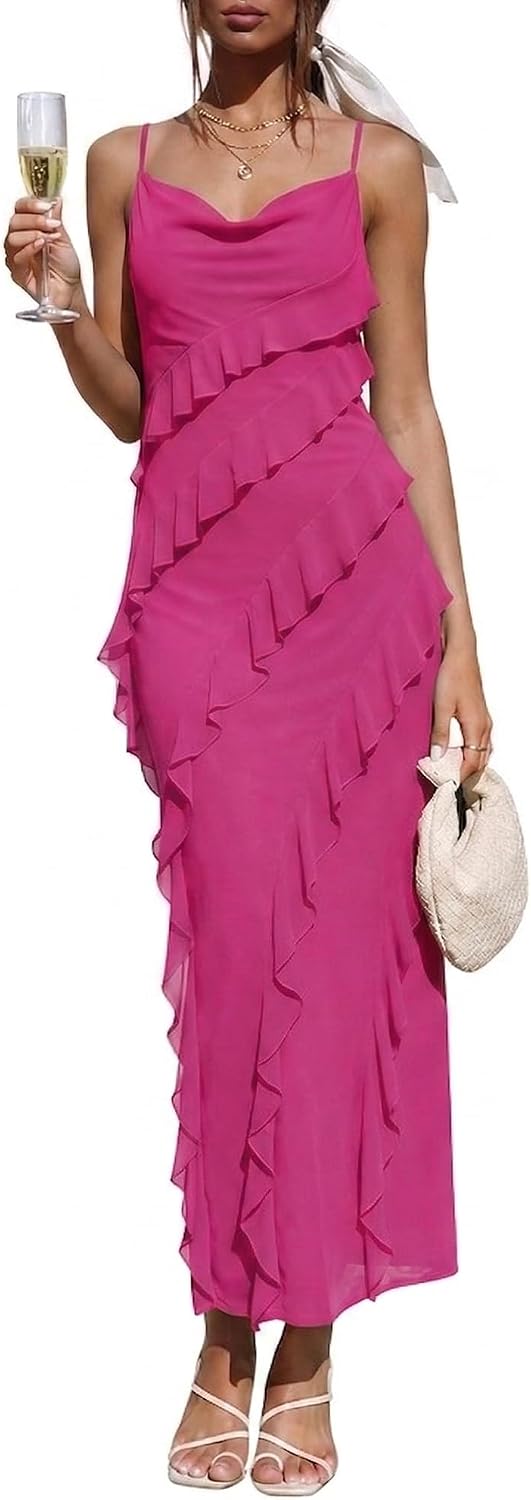 Wedding Guest Dress for Women Ruffle Spaghetti Strap Formal Dresses