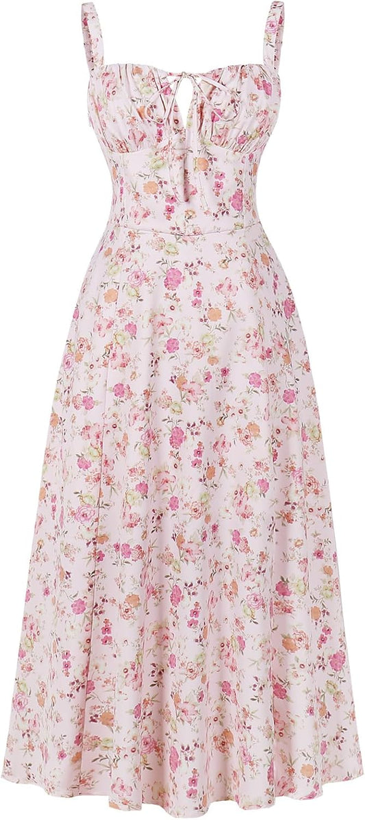 Women's Floral Corset Dress Formal Cocktail Dresses Going Out Casual Sundress Split Thigh Spaghetti Strap Vintage Dress