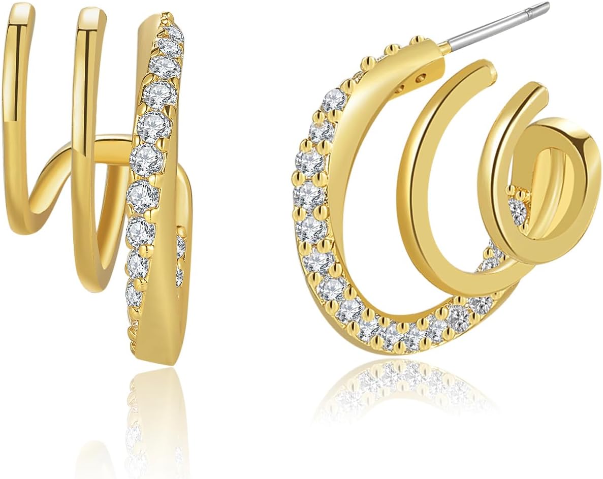14K Gold Plated Illusion Stud Earrings for Women | Triple Huggie Hoop Earrings for One Hole| Trendy Simple Hypoallergenic Fashion Accessories Gold