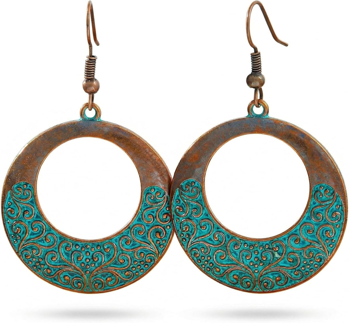 Vintage Bronze Turquoise Engraved Flower Earrings