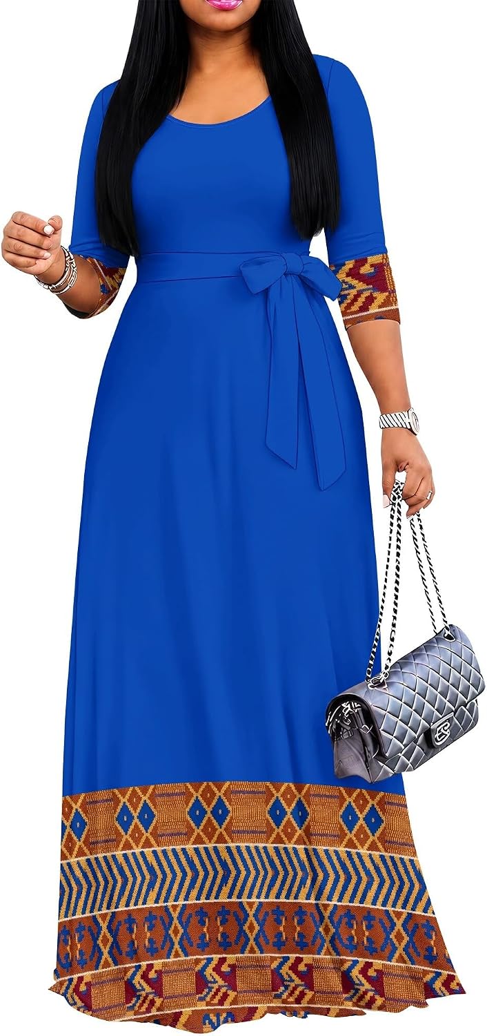 PinkPatty Women's Plus Size V Neck 3/4 Sleeve Boho Maxi Dress with Pockets