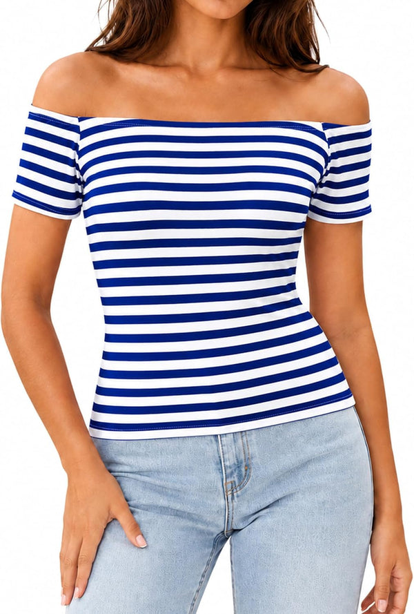 LilyCoco Off The Shoulder Tops for Women Striped Short Sleeve Sexy Going Out Top