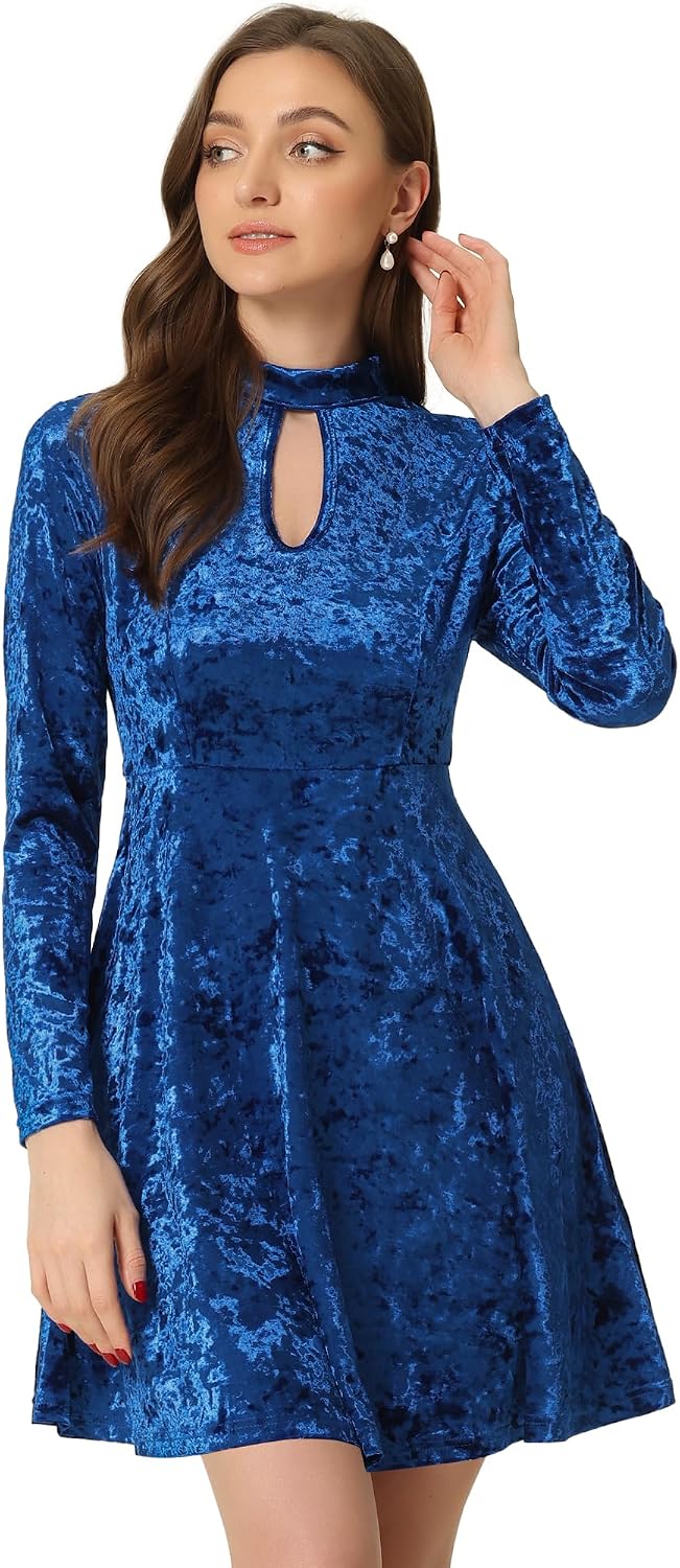 Allegra K Women Velvet High Waist Keyhole Neck Swing Mini Dress