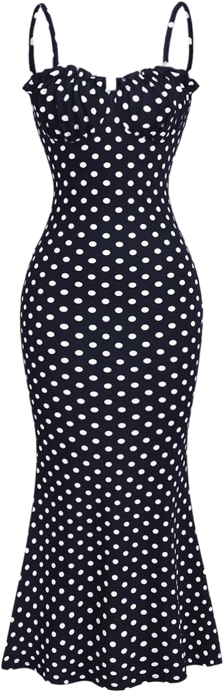 Milumia Women's Polka Dots Frill Trim Cami Dress Fishtail Maxi Dresses