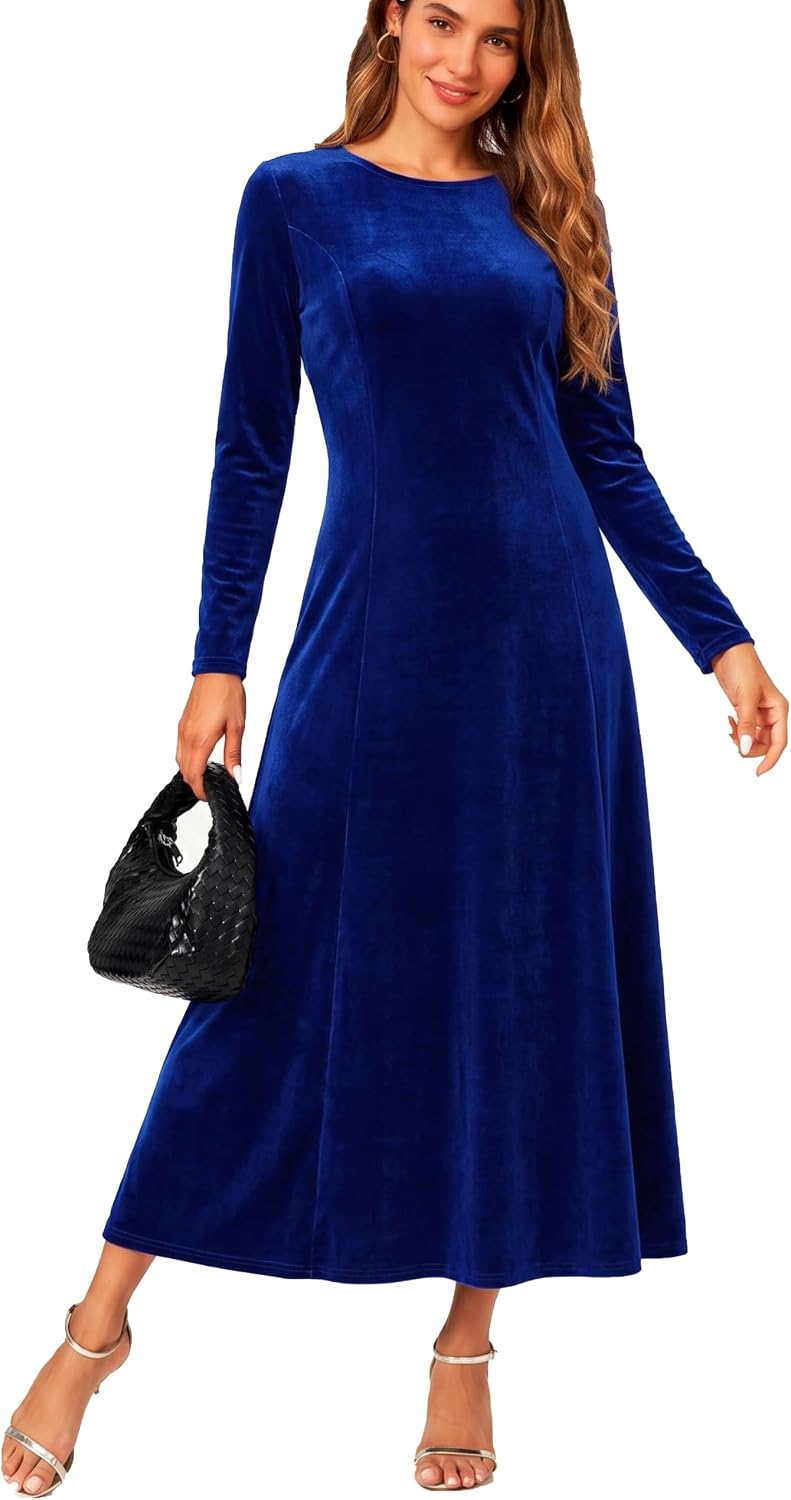 Urban CoCo Women's Elegant Velvet Midi Dress Scoop Neck Long Sleeve Ruched