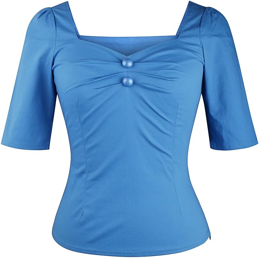 YARN & INK Women's 1950s Pinup Tops, Rockabilly Vintage Blouse Medium Sleeves Sweetheart V-Neck Shirt