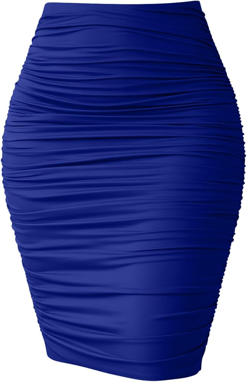 eoeoo Women High Waist Ruched Elegant Bodycon Stretch Midi Pencil Skirt
