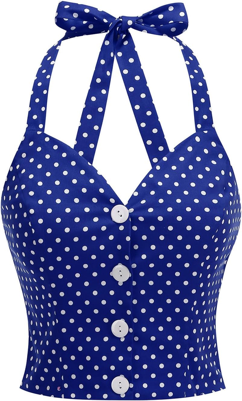 Vintage Tops for Women 1950s Polka Dot 50s Pin up Rockabilly Top Halter V Neck Pinup Retro Tops 50's Vintage Blouses Tank Top