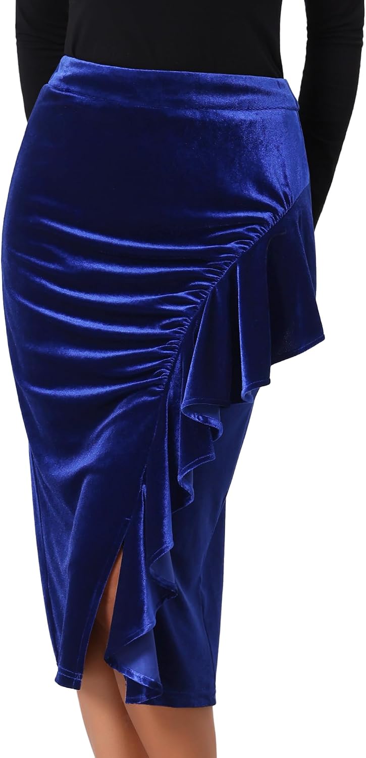 Women's Evening Bodycon Skirt Ruffled Ruched High Waist Formal Cocktail Midi Velvet Skirts